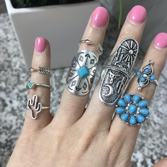 9 Piece Bohemian Turquoise Ring Set - Picture 3 of 8